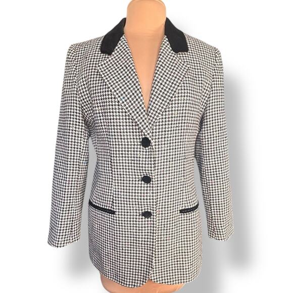 Vintage 90s Tailored Black White Houndstooth Blazer Jacket Velvet Collar Wool - Picture 7 of 11